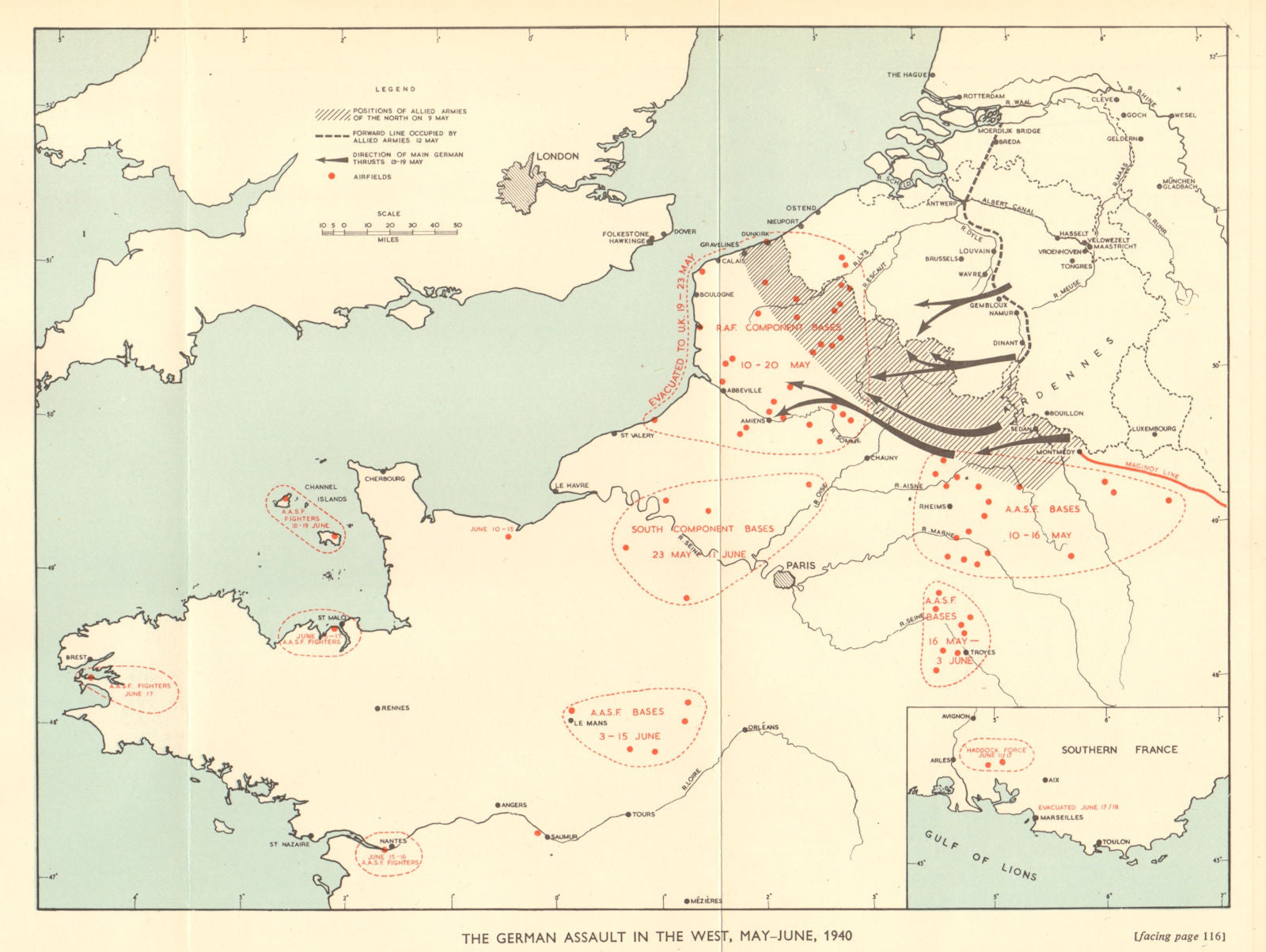 German invasion of Belgium and France, May-June 1940. World War 2 1953 old map
